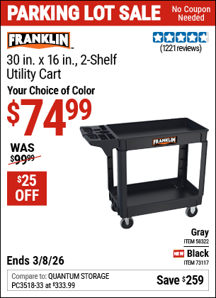 Harbor Freight Coupons, HF Coupons, 20% off - FRANKLIN 30 in. x 16 in. Industrial Polypropylene Service Cart for $79.99