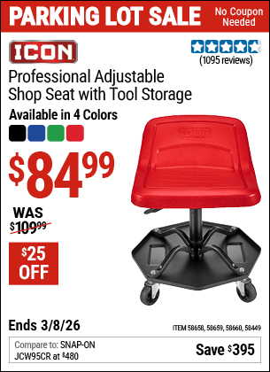 Harbor Freight Coupons, HF Coupons, 20% off - ICON Professional Adjustable Shop Seat with Tool Storage 