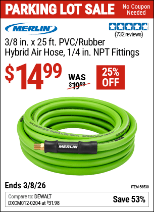 Harbor Freight Coupons, HF Coupons, 20% off - MERLIN 3/8 in. x 25 ft. PVC/Rubber Hybrid Air Hose for $14.99