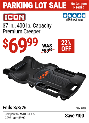 Harbor Freight Coupons, HF Coupons, 20% off - ICON 37 in. 400 lb. Capacity Premium Creeper for $74.99