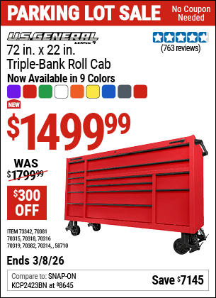Harbor Freight Coupons, HF Coupons, 20% off - U.S. GENERAL 72 in. x 22 in. Triple-Bank Roll Cab 