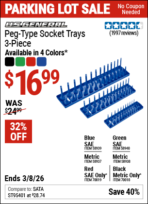 Harbor Freight Coupons, HF Coupons, 20% off - U.S. GENERAL Peg-Type Socket Tray, 3 Pc. for $14.99