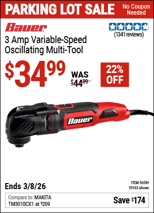 Harbor Freight Coupons, HF Coupons, 20% off - BAUER 3 Amp Variable Speed Oscillating Multi-Tool 
