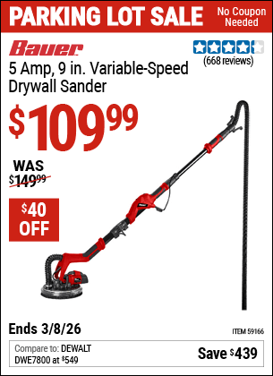 Harbor Freight Coupons, HF Coupons, 20% off - BAUER 5 Amp 9 in. Variable Speed Drywall Sander 