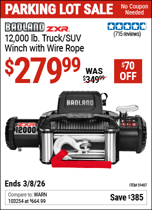 Harbor Freight Coupons, HF Coupons, 20% off - BADLAND ZXR 12 -000 lb. Truck/SUV Winch with Wire Rope 