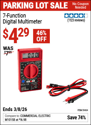 Harbor Freight Coupons, HF Coupons, 20% off - 7-Function Digital Multimeter for $4.92