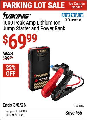 Harbor Freight Coupons, HF Coupons, 20% off - VIKING 1000 Peak Amp Midsize Lithium-Ion Jump Starter and Power Bank for $79.99