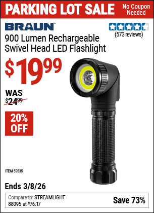 Harbor Freight Coupons, HF Coupons, 20% off - BRAUN 900 Lumen Rechargeable Swivel Head LED Flashlight for $17.99