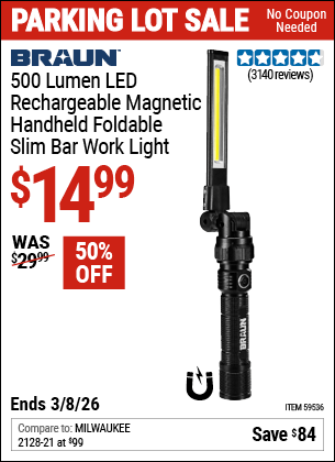 Harbor Freight Coupons, HF Coupons, 20% off - BRAUN 500 Lumen LED Rechargeable Magnetic Handheld Foldable Slim Bar Work Light 