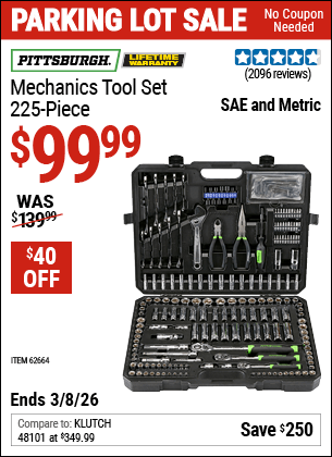 Harbor Freight Coupons, HF Coupons, 20% off - 225 Piece Mechanic's Tool Kit