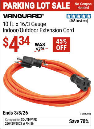Harbor Freight Coupons, HF Coupons, 20% off - 10ft.x16 Gauge Indoor/outdoor Extension Cord