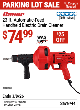 Harbor Freight Coupons, HF Coupons, 20% off - Bauer 23 Ft Auto Feed Handheld Electric Drain Cleaner