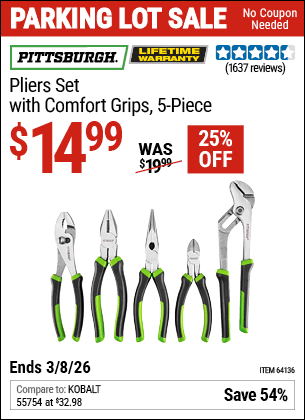 Harbor Freight Coupons, HF Coupons, 20% off - 5 Piece Pliers Set With Comfort Grips