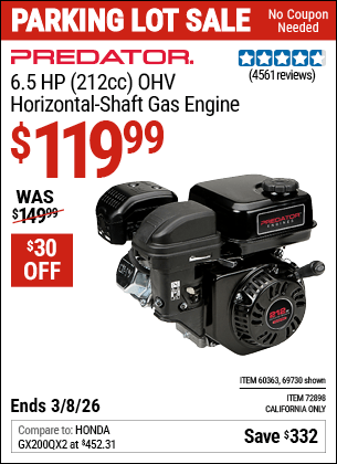 Harbor Freight Coupons, HF Coupons, 20% off - 6.5 Hp (212 Cc) Ohv Horizontal Shaft Gas Engines
