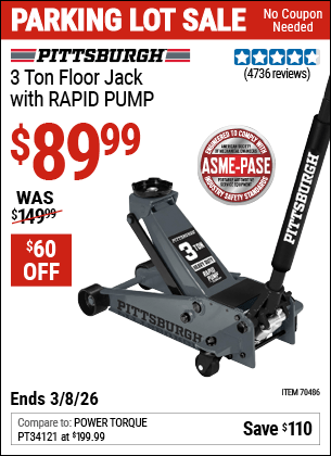 Harbor Freight Coupons, HF Coupons, 20% off - PITTSBURGH 3 Ton Floor Jack with RAPID PUMP for $119.99