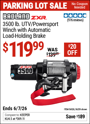 Harbor Freight Coupons, HF Coupons, 20% off - BADLAND 3500 Lb. ATV/Powersport 12V Winch With Automatic Load-Holding Brake for $119.99