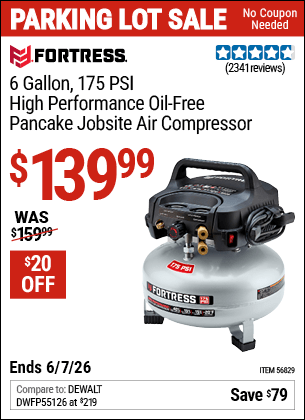 Harbor Freight Coupons, HF Coupons, 20% off - FORTRESS 6 Gallon 175 PSI High Performance Hand Carry Jobsite Air Compressor for $119.99