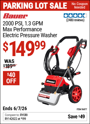 Harbor Freight Coupons, HF Coupons, 20% off - BAUER 2000 PSI Max Performance Electric Pressure Washer for $159.99