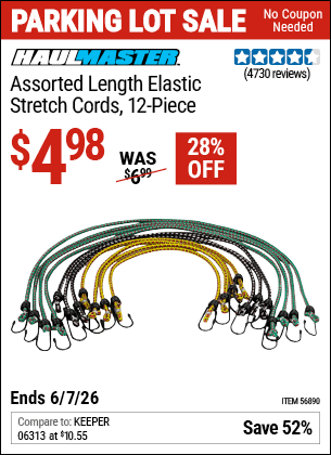 Harbor Freight Coupons, HF Coupons, 20% off - HAUL-MASTER Assorted Length Elastic Stretch Cords 12 Pc. for $3.99