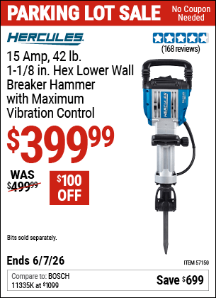 Harbor Freight Coupons, HF Coupons, 20% off - HERCULES 15 Amp, 42 lb., 1-1/8 in. Hex Lower Wall Breaker Hammer with Maximum Vibration Control for $399.99