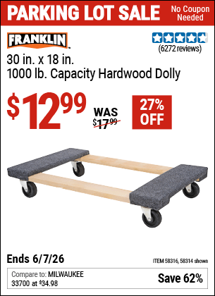Harbor Freight Coupons, HF Coupons, 20% off - FRANKLIN 30 in. x 19 in. 1000 lb. Capacity Hardwood Dolly 