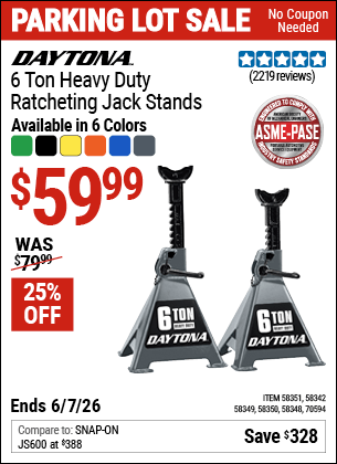 Harbor Freight Coupons, HF Coupons, 20% off - DAYTONA 6 Ton Heavy Duty Ratcheting Jack Stands for $59.99