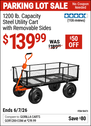 Harbor Freight Coupons, HF Coupons, 20% off - HFT 1200 lb. Capacity Steel Utility Cart with Sides 