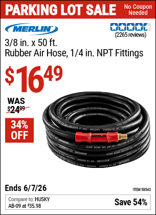 Harbor Freight Coupons, HF Coupons, 20% off - MERLIN 3/8 in. x 50 ft. Rubber Air Hose 