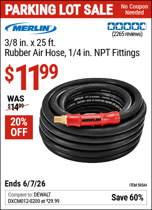 Harbor Freight Coupons, HF Coupons, 20% off - MERLIN 3/8 in. x 25 ft. Rubber Air Hose for $11.99