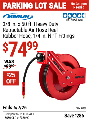 Harbor Freight Coupons, HF Coupons, 20% off - 3/8 in. x 50 ft. Premium Retractable Air Hose Reel
