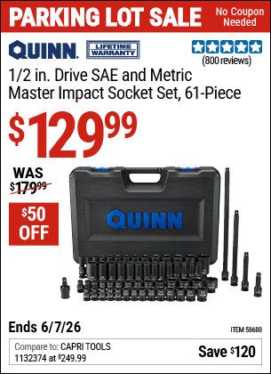Harbor Freight Coupons, HF Coupons, 20% off - QUINN 1/2 in. Drive SAE & Metric Master Impact Socket Set 