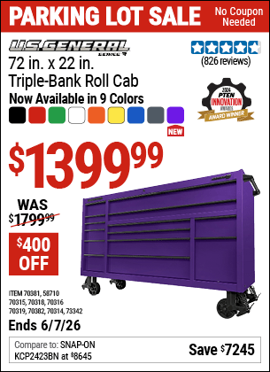 Harbor Freight Coupons, HF Coupons, 20% off - U.S. GENERAL 72 in. x 22 in. Triple-Bank Roll Cab 