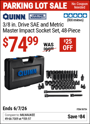 Harbor Freight Coupons, HF Coupons, 20% off - QUINN 3/8 in. Drive SAE & Metric Master Impact Socket Set, 48 Piece for $79.99