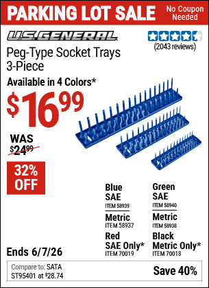 Harbor Freight Coupons, HF Coupons, 20% off - U.S. GENERAL Peg-Type Socket Tray, 3 Pc. for $14.99