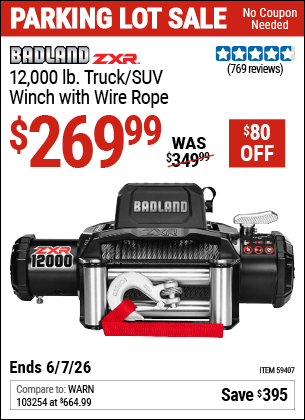Harbor Freight Coupons, HF Coupons, 20% off - BADLAND ZXR 12 -000 lb. Truck/SUV Winch with Wire Rope 