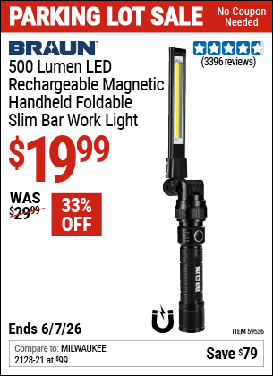 Harbor Freight Coupons, HF Coupons, 20% off - BRAUN 500 Lumen LED Rechargeable Magnetic Handheld Foldable Slim Bar Work Light 
