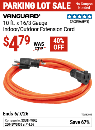 Harbor Freight Coupons, HF Coupons, 20% off - 10ft.x16 Gauge Indoor/outdoor Extension Cord