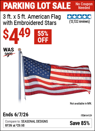 Harbor Freight Coupons, HF Coupons, 20% off - 3 Ft. X 5 Ft. American Flag With Embroidered Stars