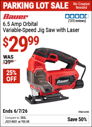 Harbor Freight Coupons, HF Coupons, 20% off - Bauer 6.5 Amp Heavy Duty Tool-free Variable Speed Orbital Jig Saw
