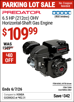 Harbor Freight Coupons, HF Coupons, 20% off - 6.5 Hp (212 Cc) Ohv Horizontal Shaft Gas Engines