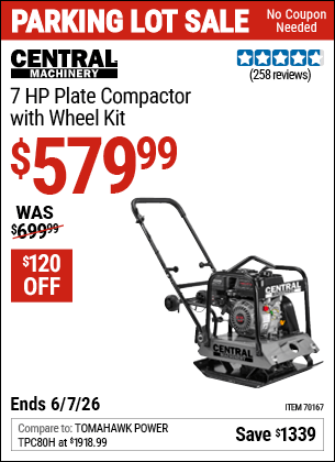 Harbor Freight Coupons, HF Coupons, 20% off - CENTRAL MACHINERY 6.5 HP Plate Compactor with Wheel Kit for $629.99