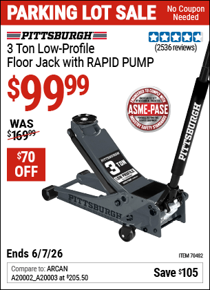 Harbor Freight Coupons, HF Coupons, 20% off - PITTSBURGH 3-Ton Low-Profile Floor Jack with RAPID PUMP 