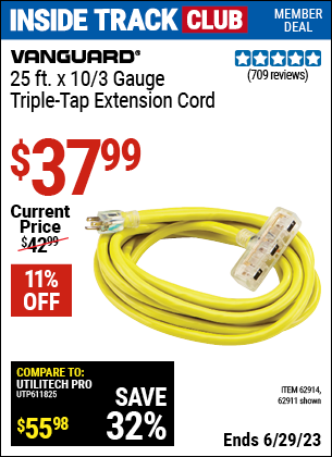 Harbor Freight Tools Coupons, Harbor Freight Coupon, HF Coupons-25 Ft X 10 Gauge Triple Tap Extension Cord