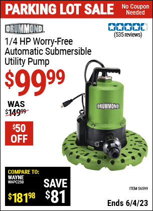 Harbor Freight Tools Coupons, Harbor Freight Coupon, HF Coupons-DRUMMOND 1/4 HP Worry-Free Automatic Submersible Utility Pump for $99.99