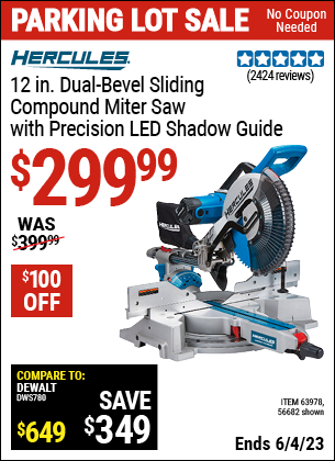 Harbor Freight Tools Coupons, Harbor Freight Coupon, HF Coupons-HERCULES 12 in. Dual-Bevel Sliding Compound Miter Saw with Precision LED Shadow Guide for $329