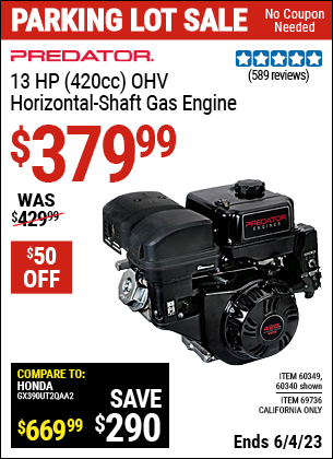 Harbor Freight Tools Coupons, Harbor Freight Coupon, HF Coupons-13 Hp (420 Cc) Ohv Horizontal Shaft Gas Engines