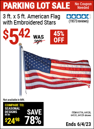 Harbor Freight Tools Coupons, Harbor Freight Coupon, HF Coupons-3 Ft. X 5 Ft. American Flag With Embroidered Stars