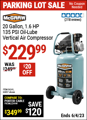 Harbor Freight Tools Coupons, Harbor Freight Coupon, HF Coupons-20 Gallon 1.6 How 135 Psi Oil Lube Vertical Air Compressor