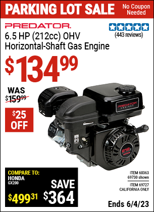 Harbor Freight Tools Coupons, Harbor Freight Coupon, HF Coupons-6.5 Hp (212 Cc) Ohv Horizontal Shaft Gas Engines