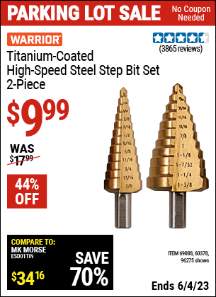Harbor Freight Tools Coupons, Harbor Freight Coupon, HF Coupons-2 Piece Titanium Nitride Coated High Speed Steel Step Drill Bits